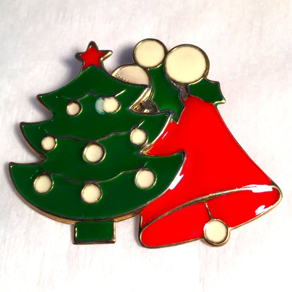 Vintage Jewelry - Vintage Christmas holiday tree red green holly bell holiday cloisonné pin